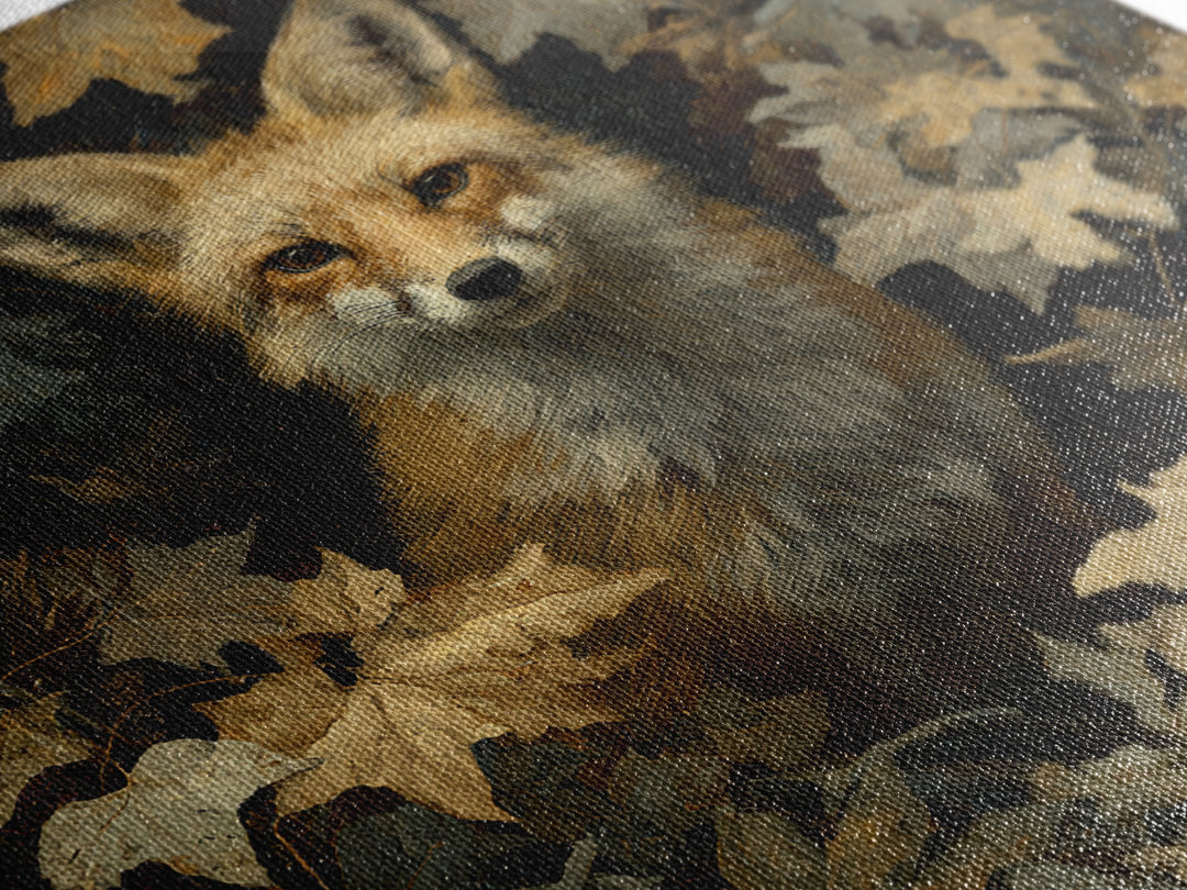 Fox in Autumn Forest Leaves Framed Canvas Print, Wildlife Art, Statement Artwork, Living Room Decor, Fine Art, Wild, Wall Decor, WIL-1x1-33