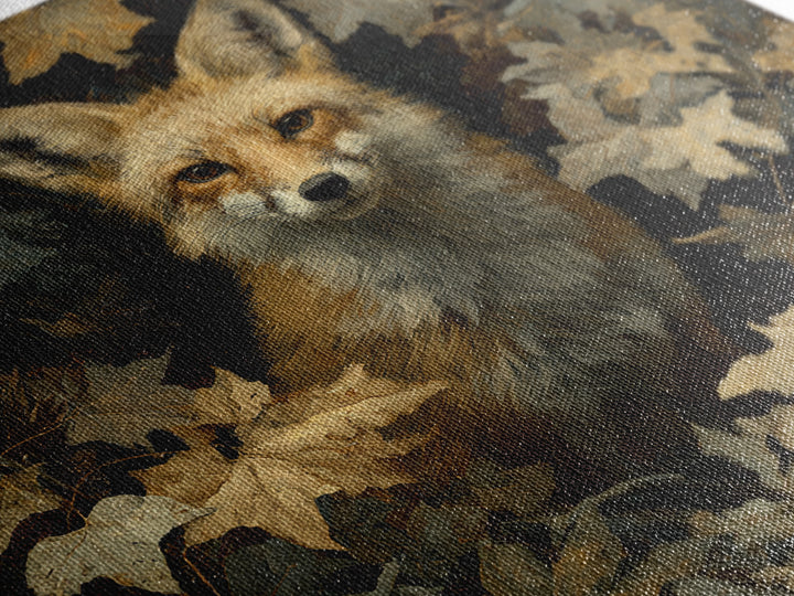 Fox in Autumn Forest Leaves Framed Canvas Print, Wildlife Art, Statement Artwork, Living Room Decor, Fine Art, Wild, Wall Decor, WIL-1x1-33
