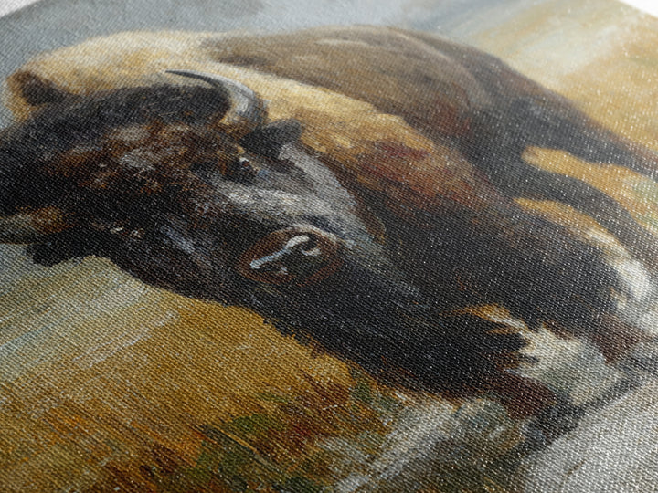 Bison on Wide Western Prairie Framed Canvas Print, Wildlife Art, Original Artwork, Living Room Decor, Oil Painting, Wild, WIL-1x1-37