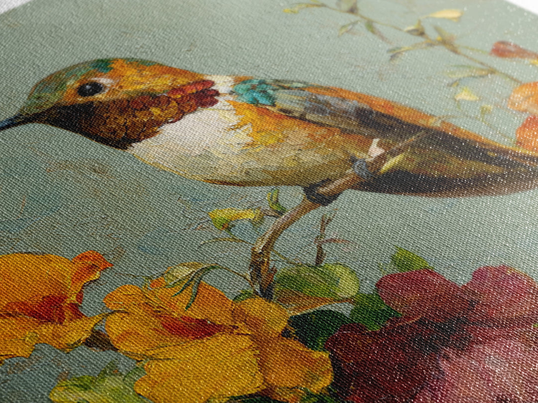 Hummingbird Beside Bright Flowers Framed Canvas Print, Wildlife Art, Art Print, Living Room Decor, Watercolor Art, Wild, WIL-1x1-40