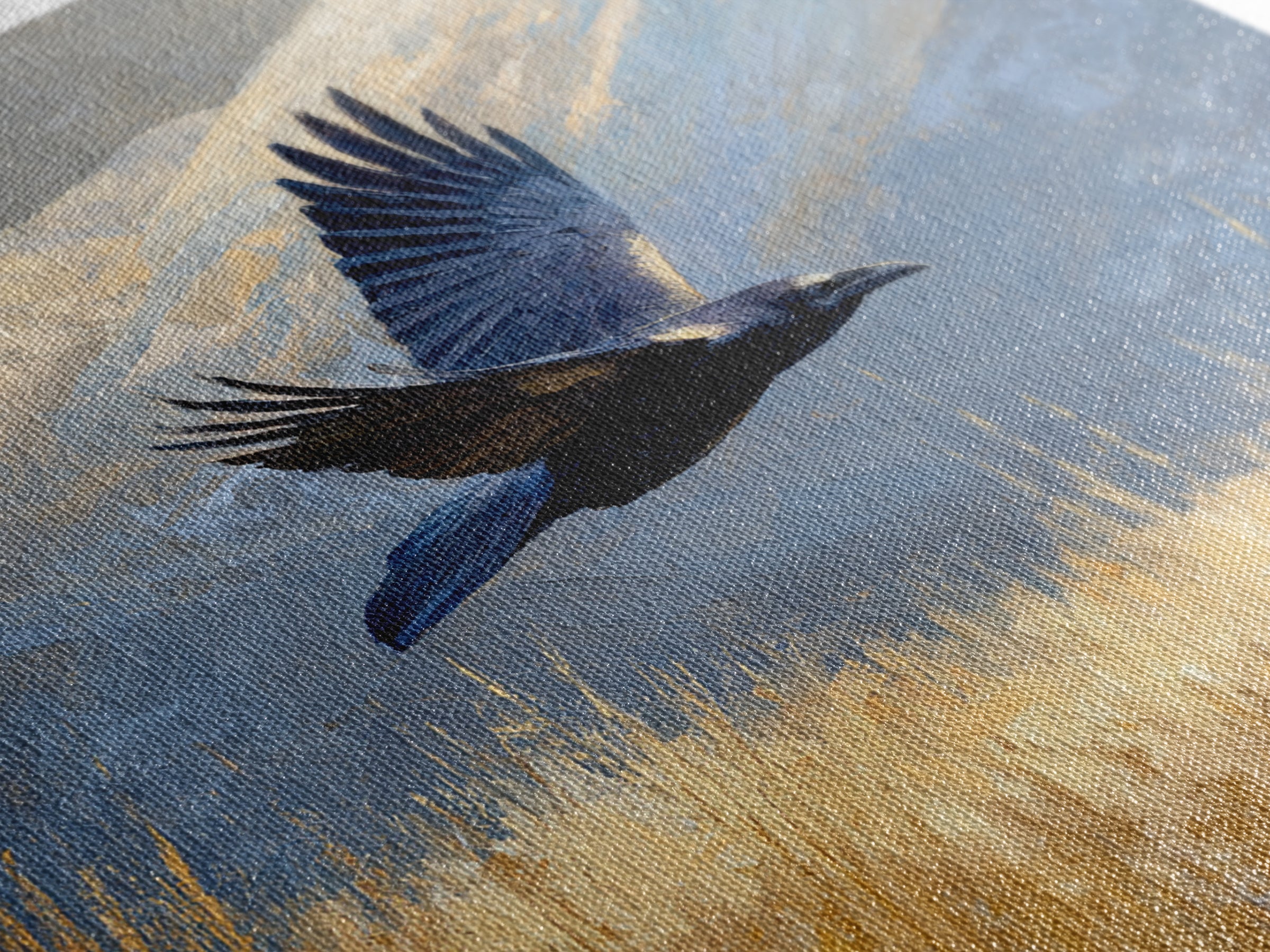 Raven Flying Through Snowy Mountains Framed Canvas Print, Wildlife Art, Art, Living Room Decor, Oil Painting, Wild, WIL-1x1-48