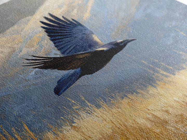 Raven Flying Through Snowy Mountains Framed Canvas Print, Wildlife Art, Art, Living Room Decor, Oil Painting, Wild, WIL-1x1-48
