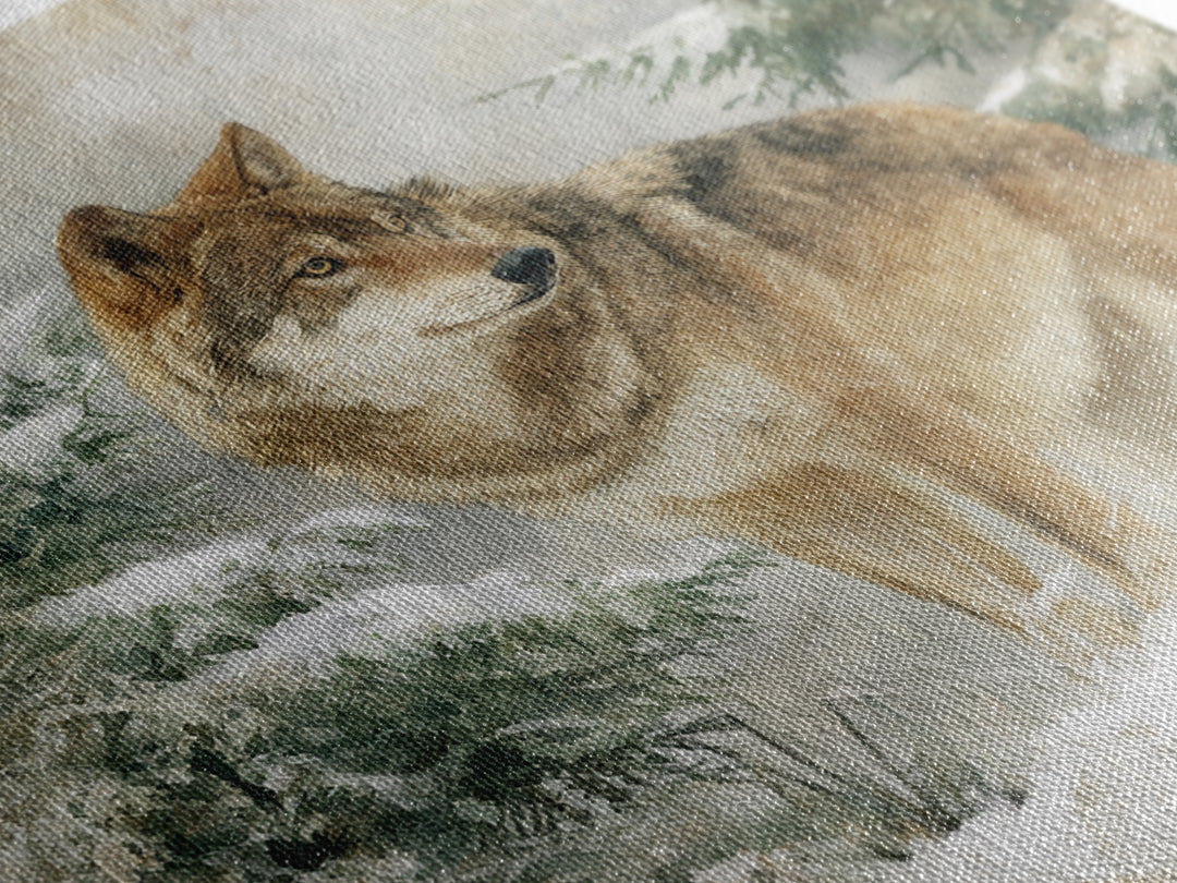 Wolf Standing Beneath Snowy Pine Trees Framed Canvas Print, Wildlife Art, Rustic Home Decor, Living Room Decor, Oil Painting, WIL-1x1-51
