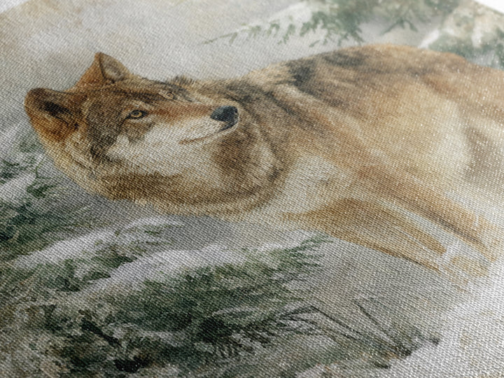 Wolf Standing Beneath Snowy Pine Trees Framed Canvas Print, Wildlife Art, Rustic Home Decor, Living Room Decor, Oil Painting, WIL-1x1-51