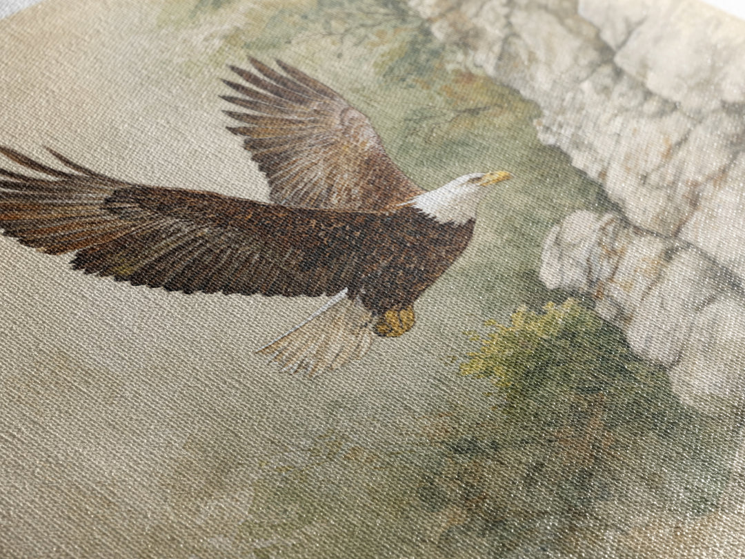 Eagle Soaring Above Rocky Cliffs Canvas Print, Wildlife Art, Bird Wall Art, Living Room Decor, Oil Painting, Wild, Luxury Decor, WIL-1x1-54