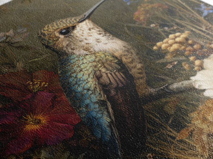 Hummingbird Beside Bright Flowers Framed Canvas Print, Wildlife Art, Bird Art, Living Room Decor, Watercolor Art, Wild, WIL-1x1-64