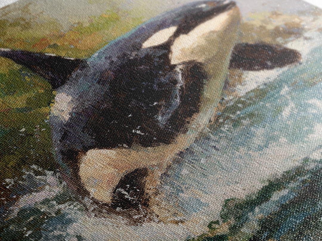 Orca Breaching in Cold Ocean Framed Canvas Print, Wildlife Art, Nature Wall Art, Living Room Decor, Fine Art, Wild, Art Print, WIL-1x1-71