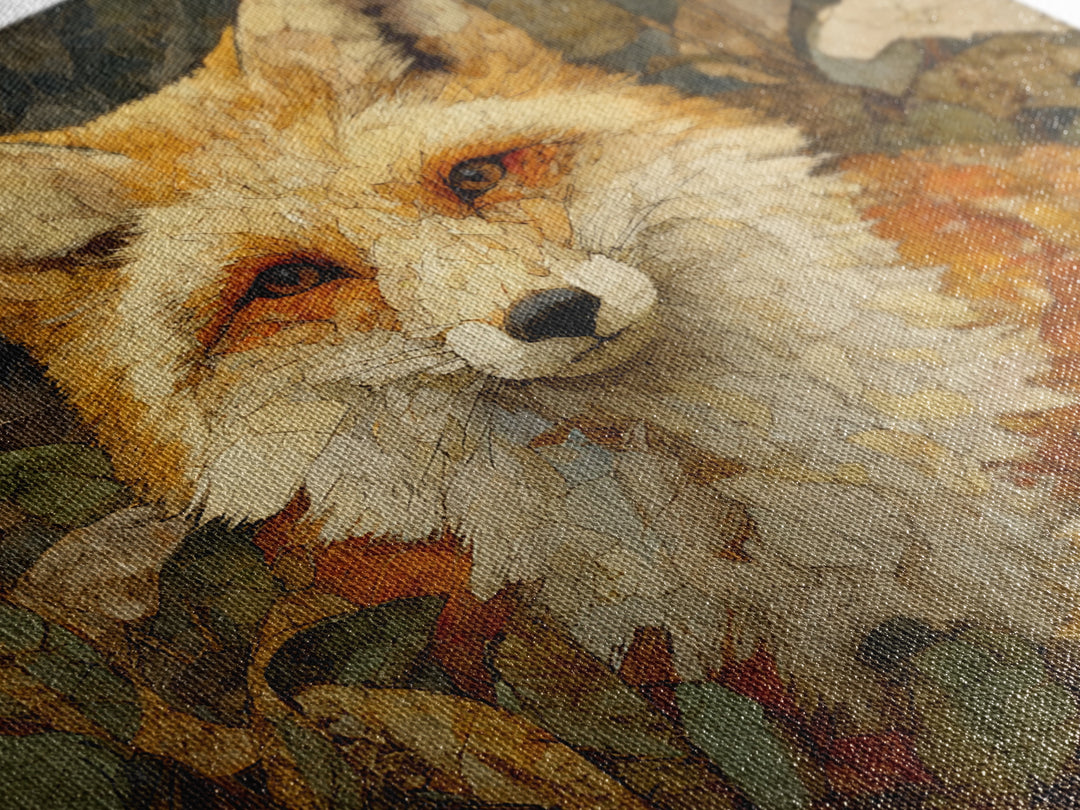 Fox in Autumn Forest Leaves Canvas Print, Wildlife Art, Textured Painting, Living Room Decor, Oil Painting, Wild, Original Art, WIL-1x1-81