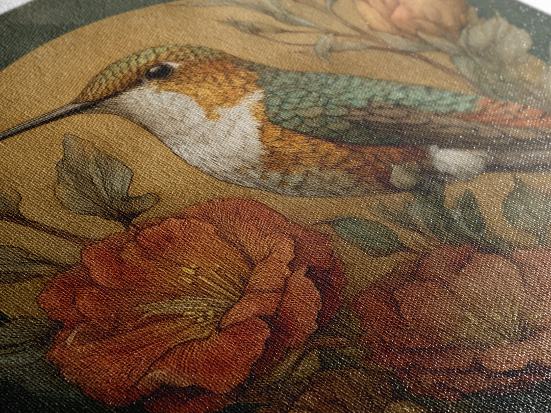Hummingbird Beside Bright Flowers Framed Canvas Print, Wildlife Art, Textured Painting, Living Room Decor, Oil Painting, Wild, WIL-1x1-88
