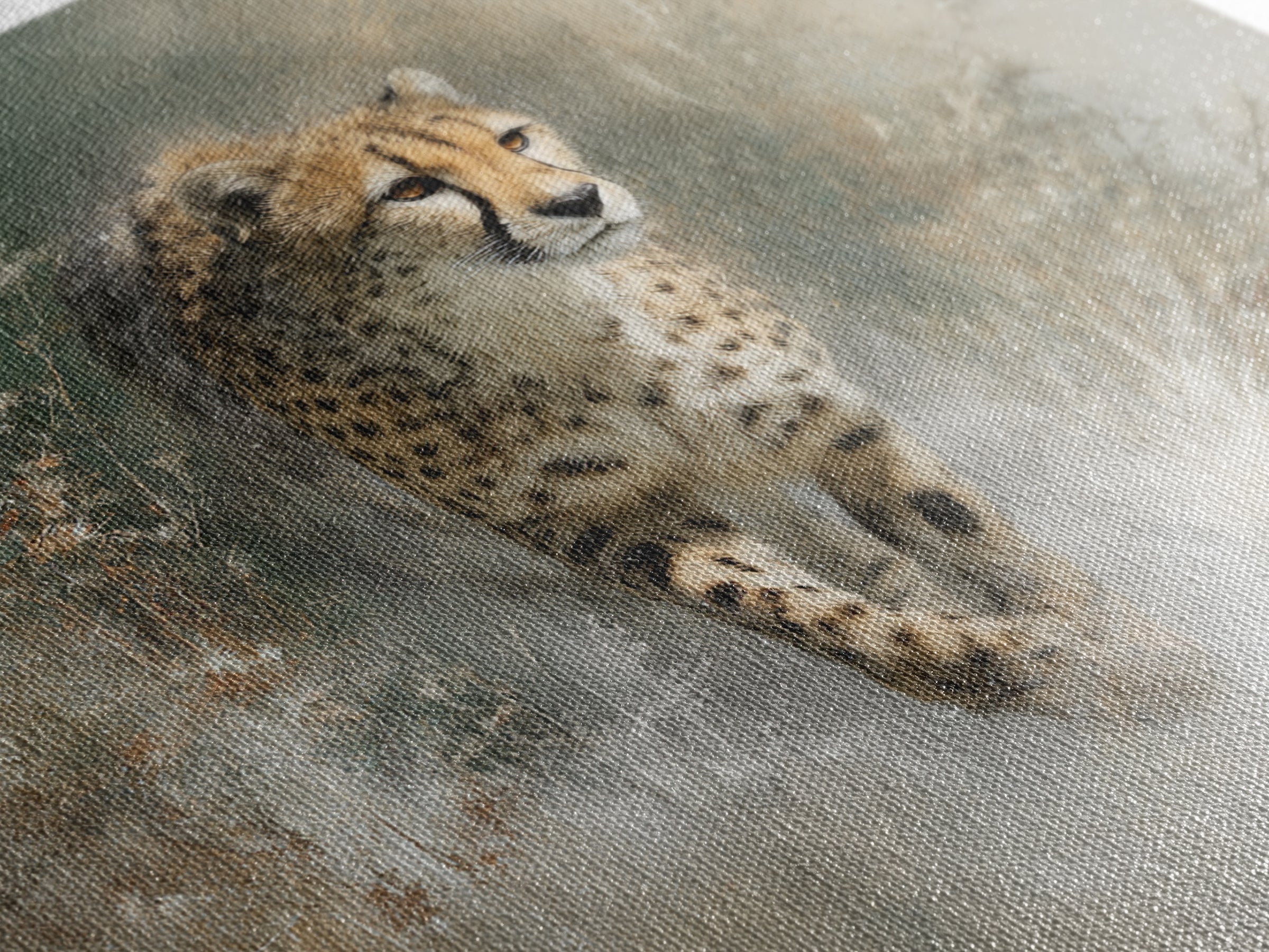 Cheetah Running Through Warm Dust Framed Canvas Print, Wildlife Art, Luxury Decor, Living Room Decor, Oil Painting, Wild, WIL-1x1-93