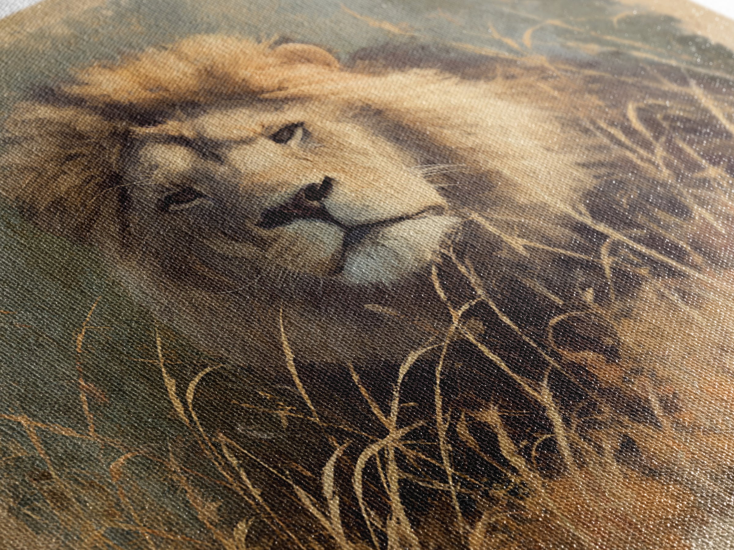 Lion Emerging from Golden Savanna Grass Canvas Print, Wildlife Art, Wall Art, Living Room Decor, Oil Painting, Wild, WIL-1x1-97