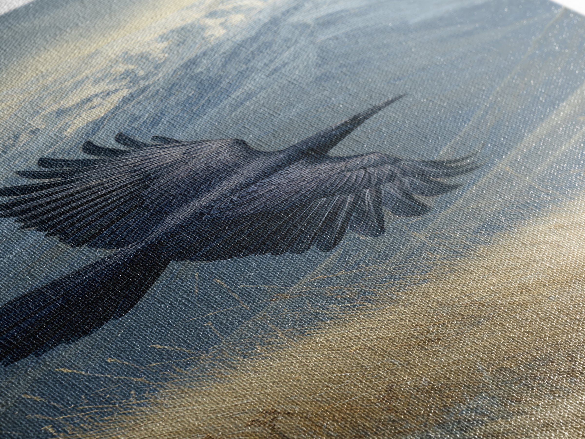 Raven Flying Through Snowy Mountains Framed Canvas Print, Wildlife Art, Living Room Decor, Watercolor Art, Wild, WIL-1x3-36