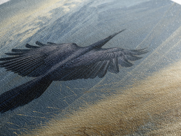 Raven Flying Through Snowy Mountains Framed Canvas Print, Wildlife Art, Living Room Decor, Watercolor Art, Wild, WIL-1x3-36