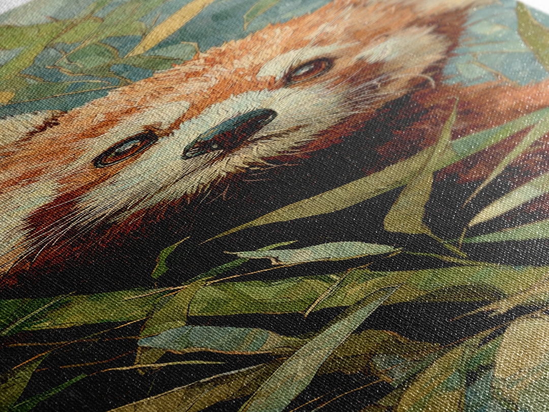 Red Panda Among Bamboo Leaves Canvas Print, Wildlife Art, Large Wall Art, Living Room Decor, Fine Art, Wild, Landscape Art, WIL-1x3-56