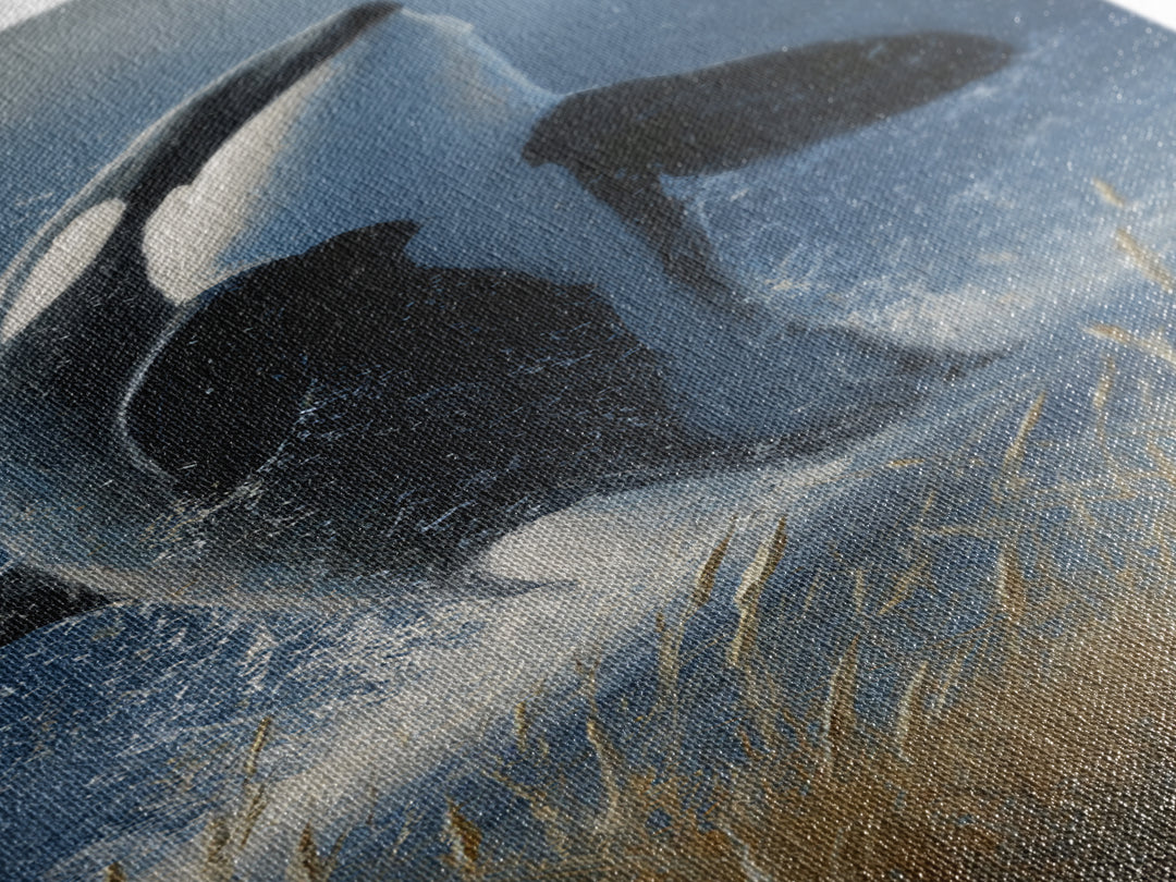 Orca Breaching in Cold Ocean Framed Canvas Print, Wildlife Art, Bird Art, Living Room Decor, Fine Art, Wild, Original Artwork, WIL-1x3-83