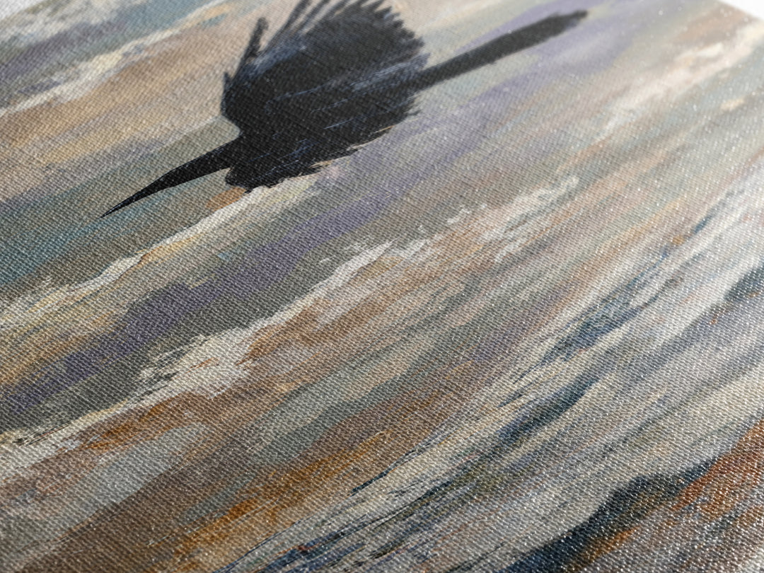 Raven Flying Through Snowy Mountains Framed Canvas Print, Wildlife Art, Original Art, Living Room Decor, Oil Painting, Wild, WIL-1x3-84