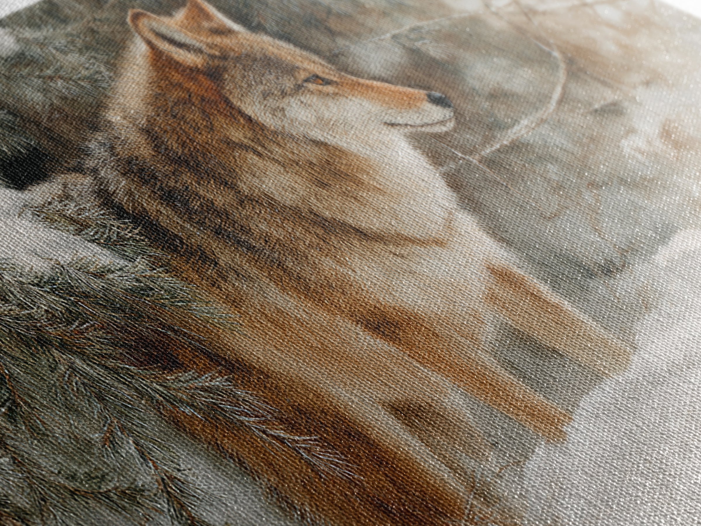 Wolf Standing Beneath Snowy Pine Trees Framed Canvas Print, Wildlife Art, Oil Painting, Living Room Decor, Watercolor Art, Wild, WIL-2x1-23