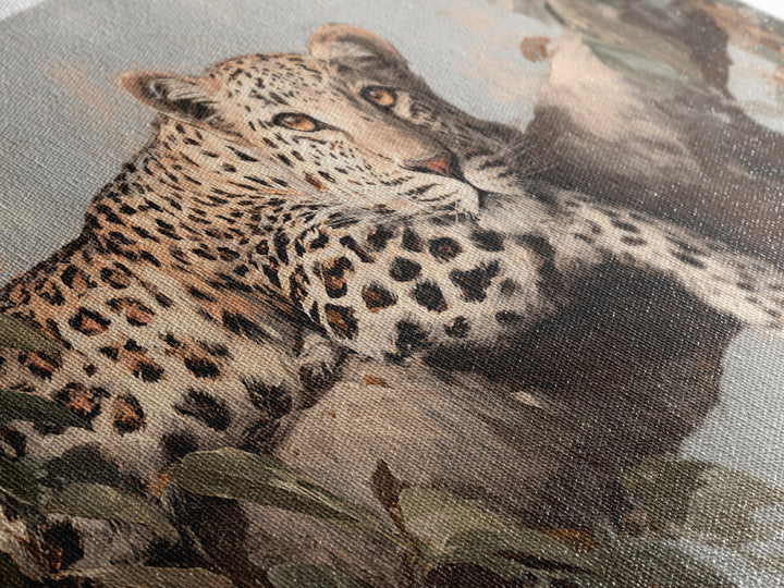 Leopard Resting on Tree Branch Framed Canvas Print, Wildlife Art, Art Print, Living Room Decor, Watercolor Art, Wild, WIL-2x1-34