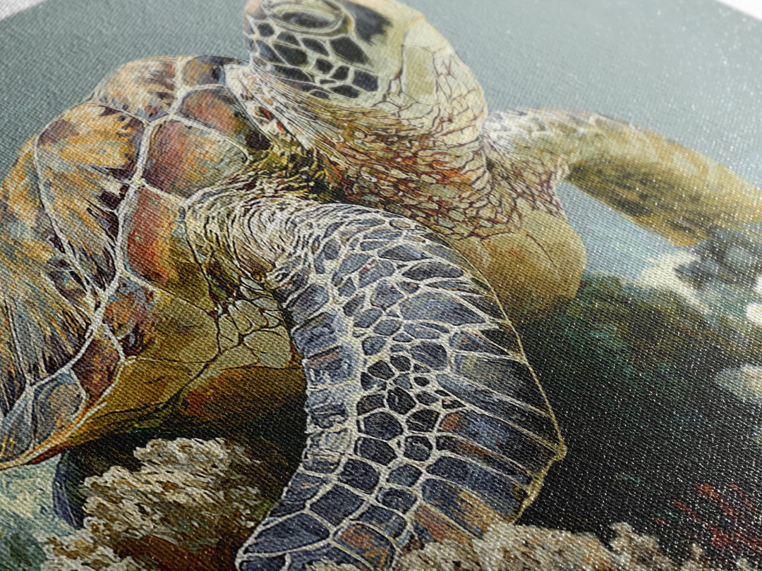 Sea Turtle over Coral Reef Canvas Print, Wildlife Art, Room Decor, Living Room Decor, Oil Painting, Wild, Large Wall Art, WIL-2x1-62
