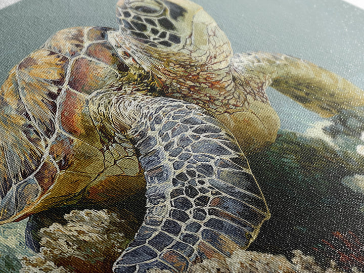 Sea Turtle over Coral Reef Canvas Print, Wildlife Art, Room Decor, Living Room Decor, Oil Painting, Wild, Large Wall Art, WIL-2x1-62