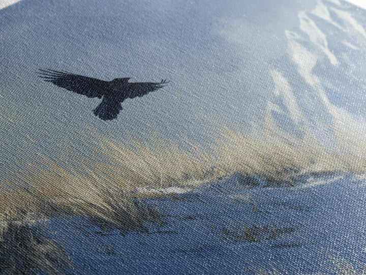 Raven Flying Through Snowy Mountains Framed Canvas Print, Wildlife Art, Boho Wall Decor, Living Room Decor, Fine Art, Wild, WIL-2x1-92