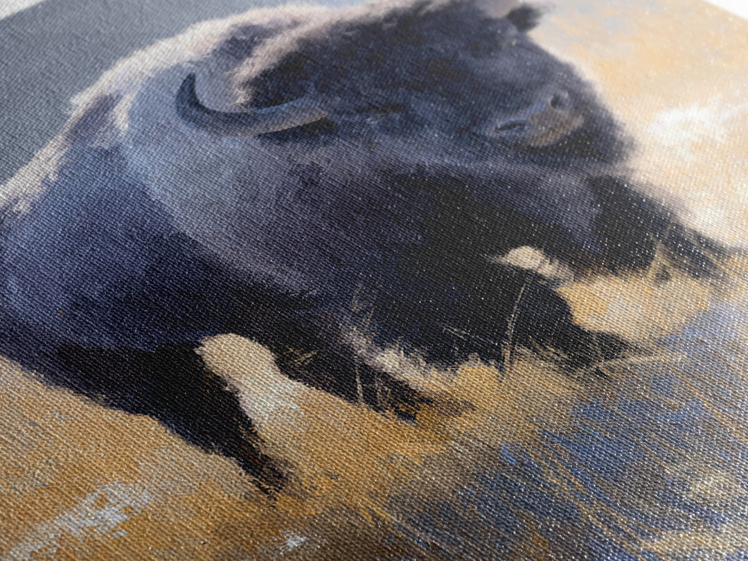 Bison on Wide Western Prairie Framed Canvas Print, Wildlife Art, Contemporary Art, Living Room Decor, Oil Painting, Wild, WIL-2x3-21