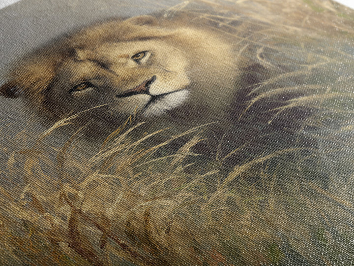 Lion Emerging from Golden Savanna Grass Canvas Print, Wildlife Art, Boho Wall Decor, Living Room Decor, Oil Painting, Wild, WIL-2x3-57