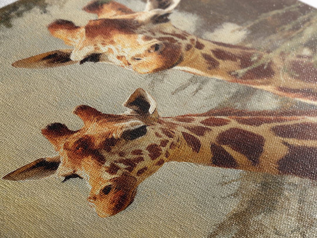 Giraffe Pair under Acacia Tree Framed Canvas Print, Wildlife Art, Painting, Living Room Decor, Watercolor Art, Wild, Bird Art, WIL-2x3-63