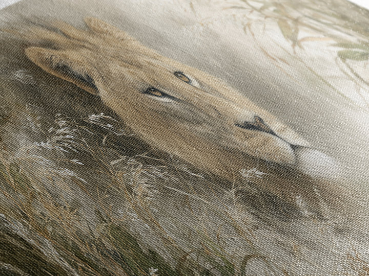 Lion Emerging from Golden Savanna Grass Framed Canvas Print, Wildlife Art, Bird Art, Living Room Decor, Fine Art, Wild, WIL-3x1-17