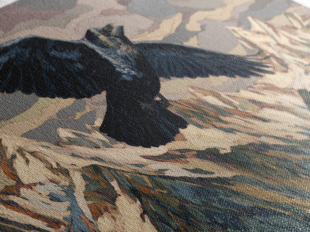 Raven Flying Through Snowy Mountains Canvas Print, Wildlife Art, Gallery Decor, Living Room Decor, Oil Painting, Wild, WIL-3x1-40