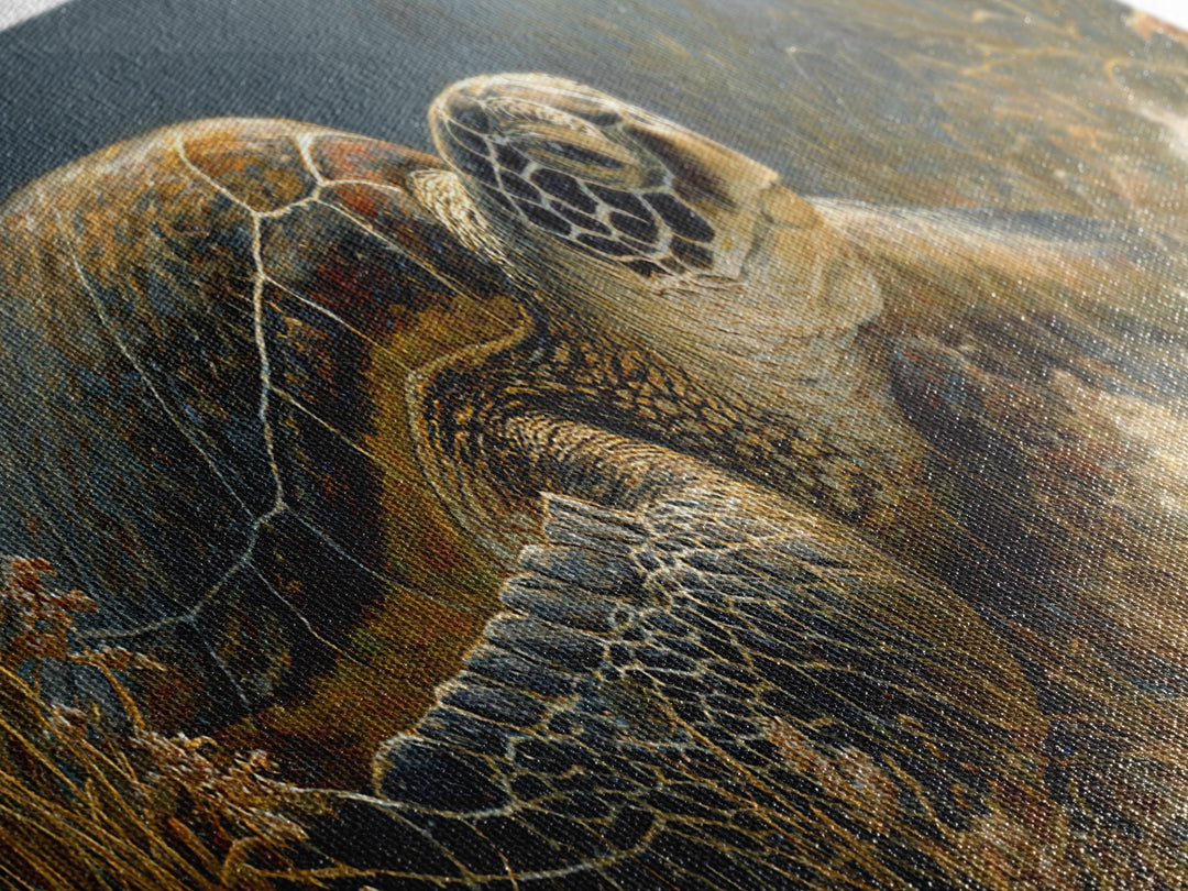 Sea Turtle over Coral Reef Framed Canvas Print, Wildlife Art, Modern Wall Art, Living Room Decor, Fine Art, Wild, Bird Wall Art, WIL-3x1-58