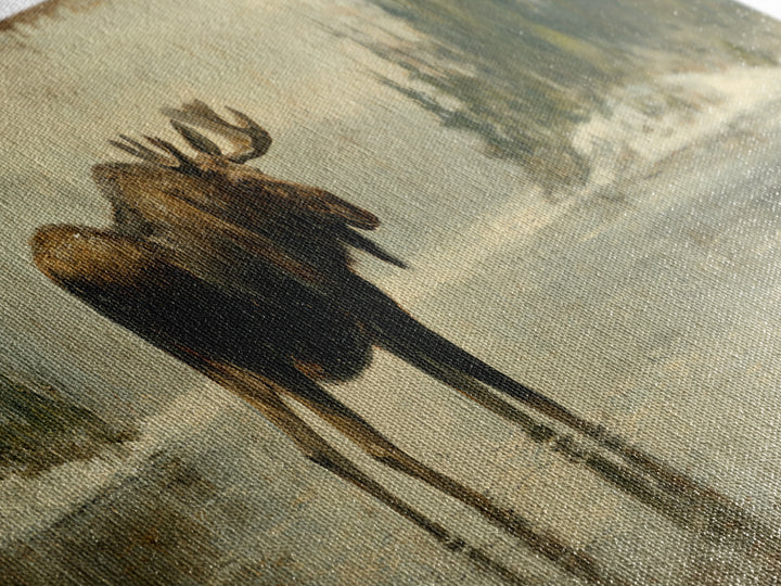 Moose Standing in Reflective Lake Framed Canvas Print, Wildlife Art, Wall Art, Living Room Decor, Wild, Modern Wall Art, WIL-3x1-59