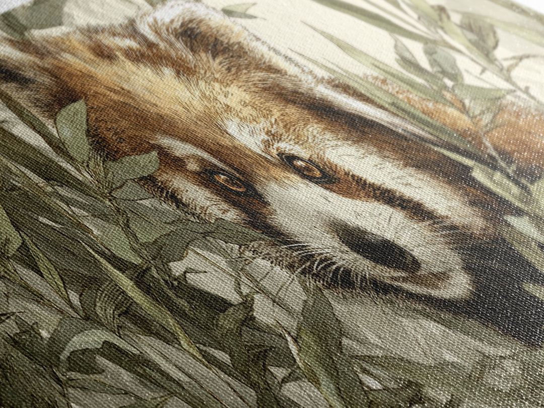 Red Panda Among Bamboo Leaves Framed Canvas Print, Wildlife Art, Boho Decor, Living Room Decor, Fine Art, Wild, Painting, WIL-3x1-60