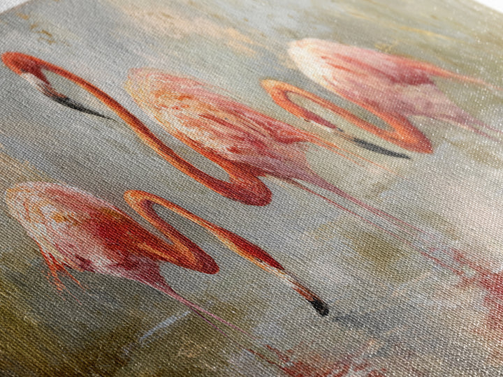 Flamingos in Pink Shallow Water Canvas Print, Wildlife Art, Gallery Decor, Living Room Decor, Oil Painting, Wild, WIL-3x1-62