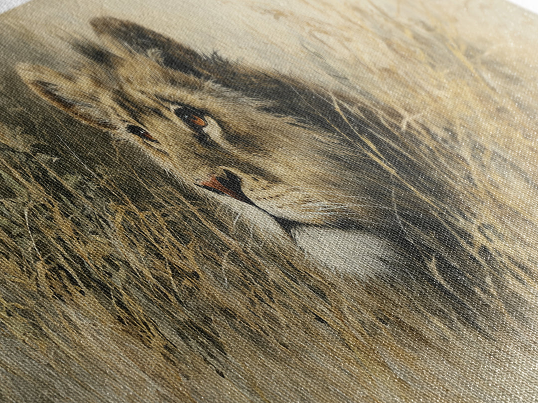 Lion Emerging from Golden Savanna Grass Framed Canvas Print, Wildlife Art, Unique Home Decor, Living Room Decor, Oil Painting, WIL-3x1-89