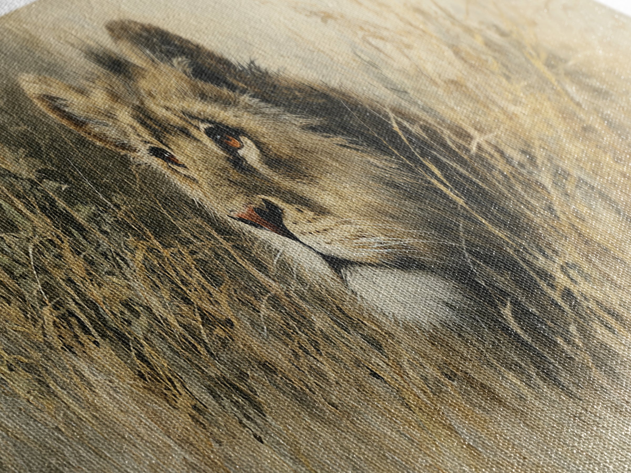Lion Emerging from Golden Savanna Grass Framed Canvas Print, Wildlife Art, Unique Home Decor, Living Room Decor, Oil Painting, WIL-3x1-89