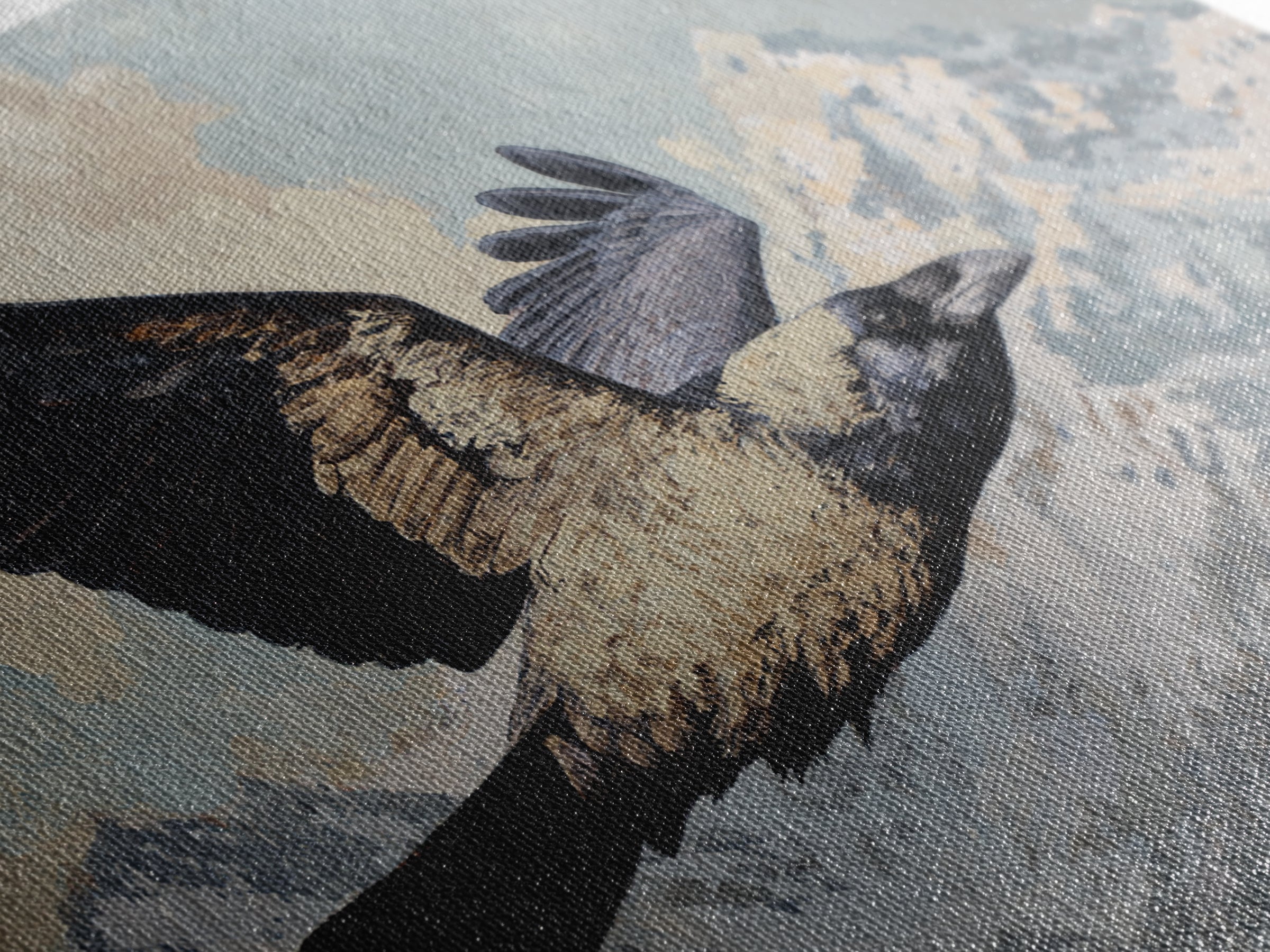 Raven Flying Through Snowy Mountains Framed Canvas Print, Wildlife Art, Fine Art Print, Living Room Decor, Fine Art, Wild, WIL-3x2-100