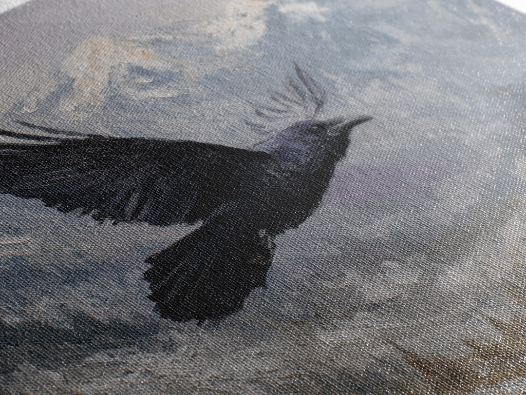 Raven Flying Through Snowy Mountains Framed Canvas Print, Wildlife Art, Living Room Decor, Watercolor Art, Wild, WIL-3x2-28