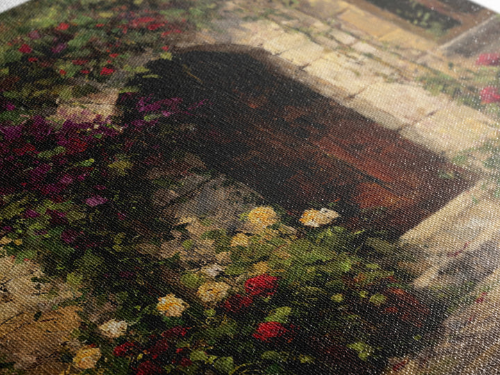 Vineyard Gate with Climbing Roses Canvas Print, Winery Art, Farmhouse Decor, Winery Decor, Oil Painting, Vineyard, Bar Art, WIN-1x1-15