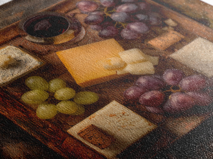 Charcuterie Board with Grapes and Cheese Framed Canvas Print, Winery Art, Boho Decor, Winery Decor, Oil Painting, Vineyard, WIN-1x1-37