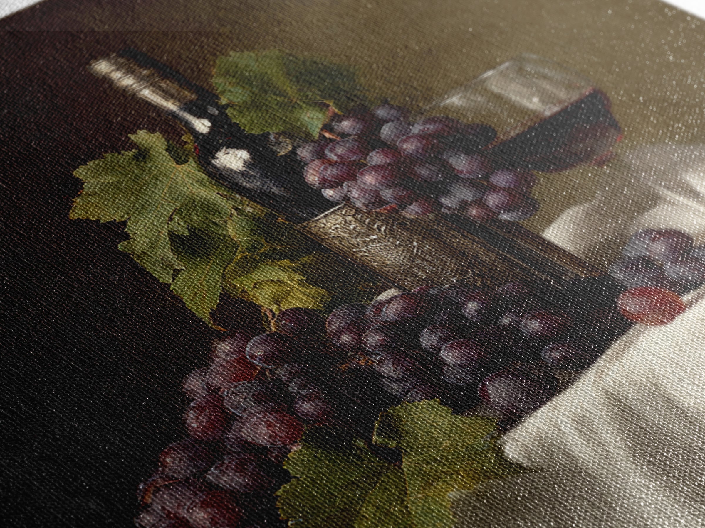 Champagne Grapes and White Linen Still Life Framed Canvas Print, Winery Art, Winery Decor, Abstract Art, Vineyard, WIN-1x1-53