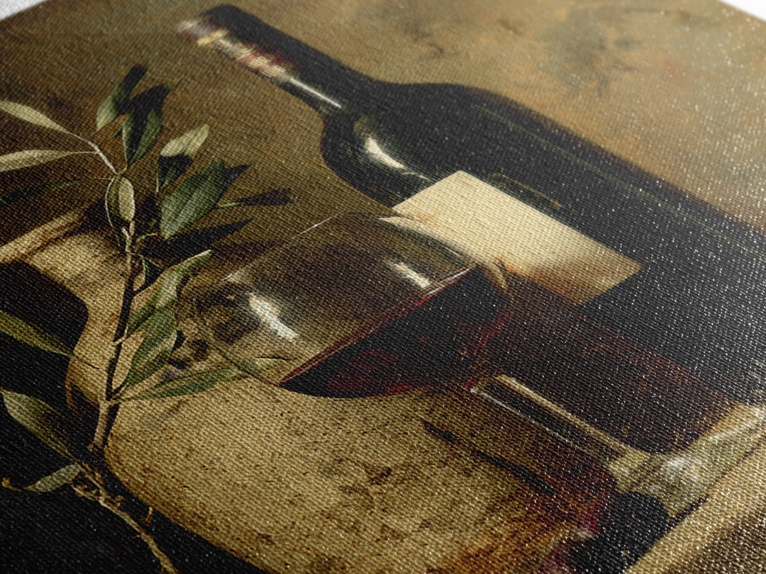 Olive Branch and Wine Glass Mediterranean Still Framed Canvas Print, Winery Art, Print, Winery Decor, Fine Art, Vineyard, WIN-1x1-96