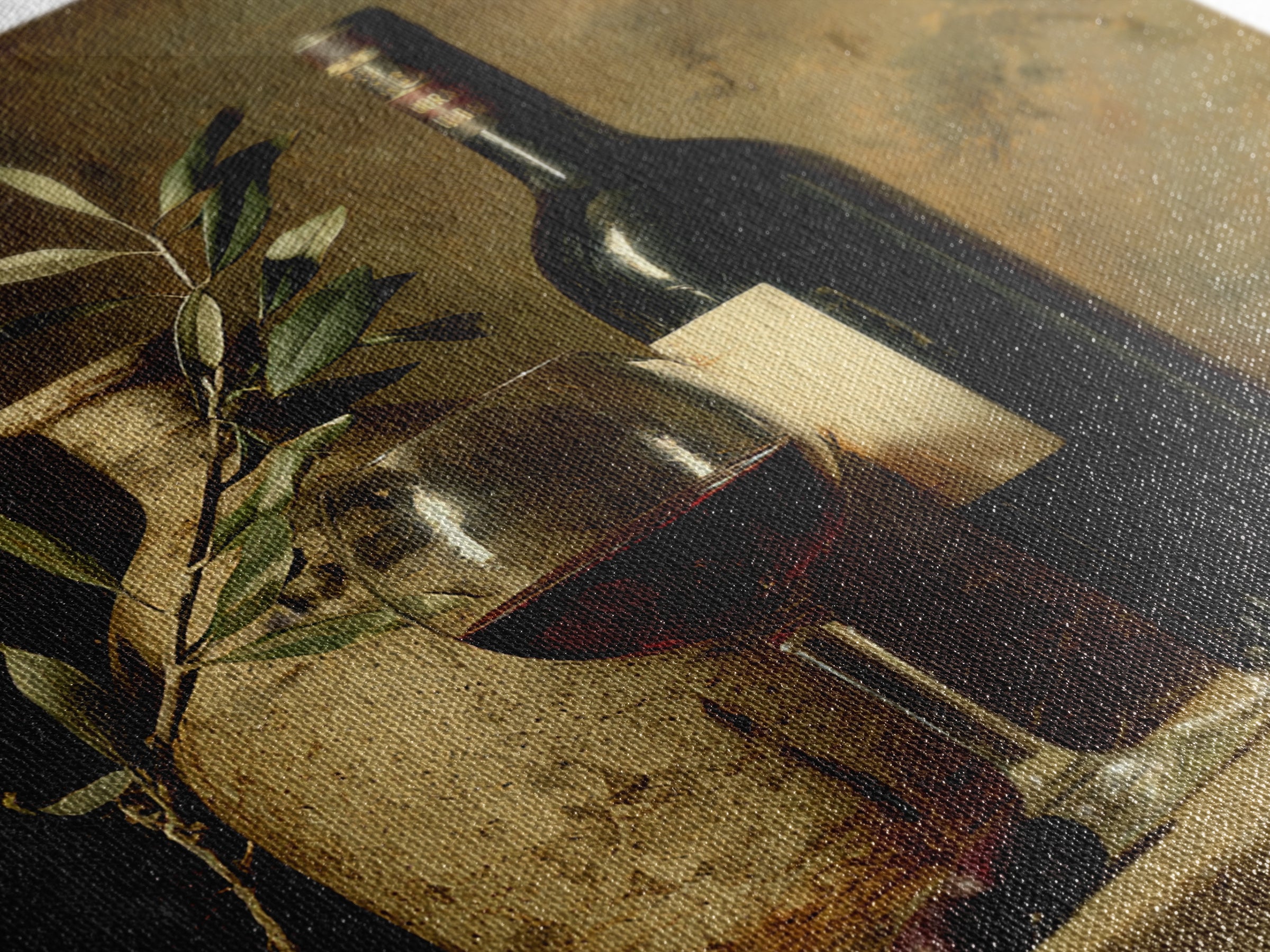Olive Branch and Wine Glass Mediterranean Still Framed Canvas Print, Winery Art, Print, Winery Decor, Fine Art, Vineyard, WIN-1x1-96