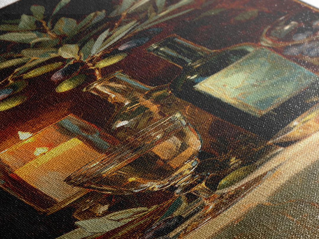 Olive Branch and Wine Glass Mediterranean Still Framed Canvas Print, Winery Art, Print, Winery Decor, Fine Art, Vineyard, WIN-1x3-36