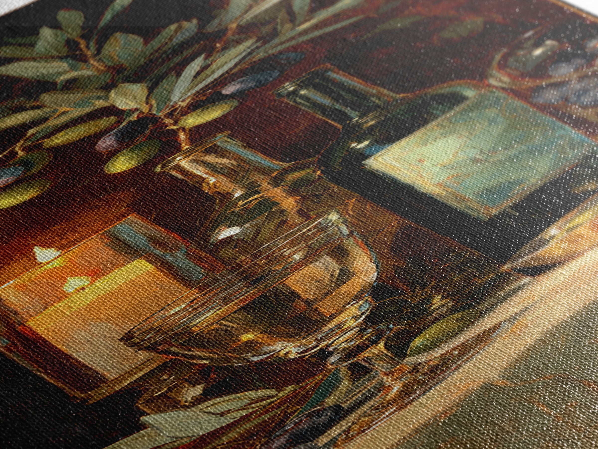 Olive Branch and Wine Glass Mediterranean Still Framed Canvas Print, Winery Art, Print, Winery Decor, Fine Art, Vineyard, WIN-1x3-36