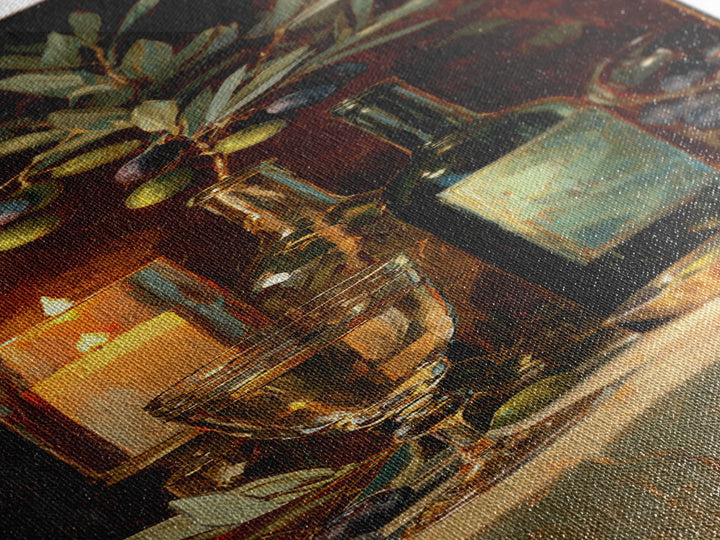 Olive Branch and Wine Glass Mediterranean Still Framed Canvas Print, Winery Art, Print, Winery Decor, Fine Art, Vineyard, WIN-1x3-36