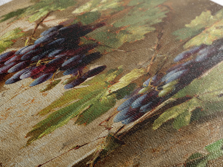Grapevine Branch with Purple Grapes and Leaves Canvas Print, Winery Art, Minimalist Decor, Winery Decor, Oil Painting, Vineyard, WIN-1x3-37