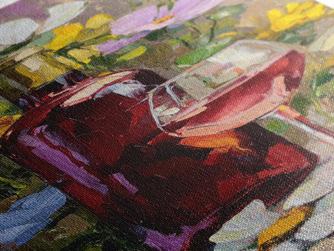 Ros Glass Beside Summer Flowers Canvas Print, Winery Art, Textured Painting, Winery Decor, Fine Art, Vineyard, Oil Painting, WIN-1x3-98