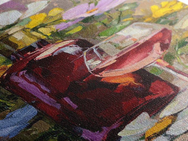 Ros Glass Beside Summer Flowers Canvas Print, Winery Art, Textured Painting, Winery Decor, Fine Art, Vineyard, Oil Painting, WIN-1x3-98