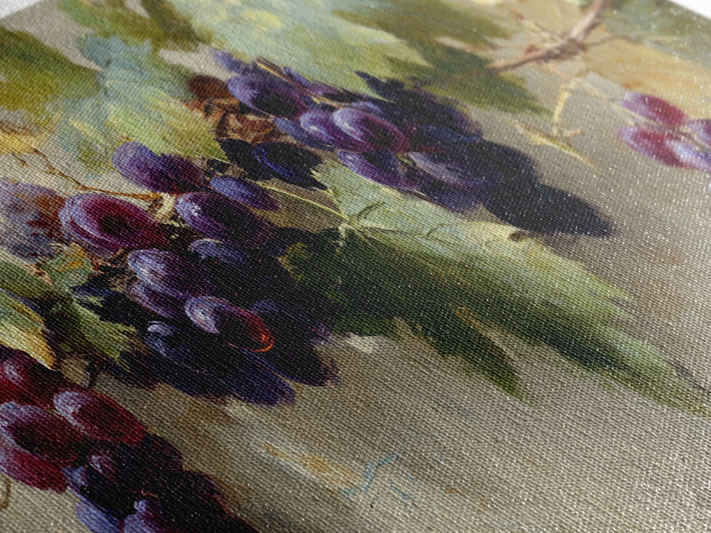 Grapevine Branch with Purple Grapes and Leaves Framed Canvas Print, Winery Art, Kitchen Wall Art, Winery Decor, Oil Painting, WIN-2x1-45